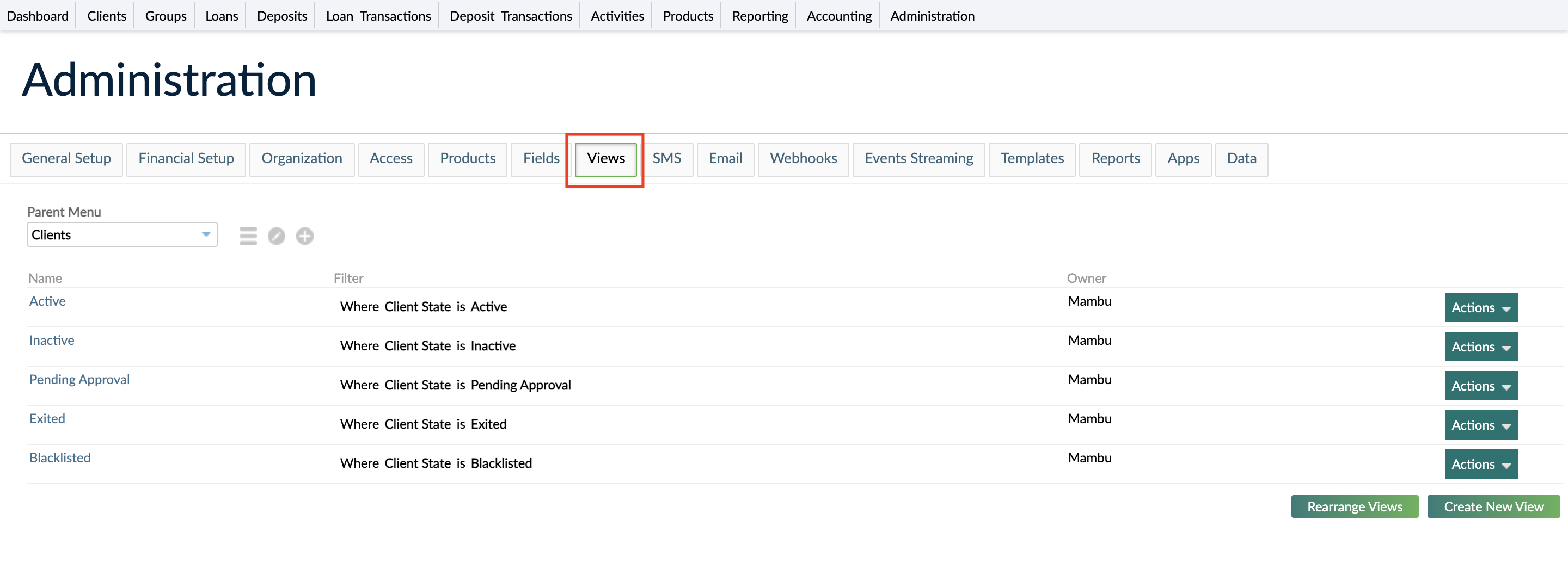 Visiting menu item through administration